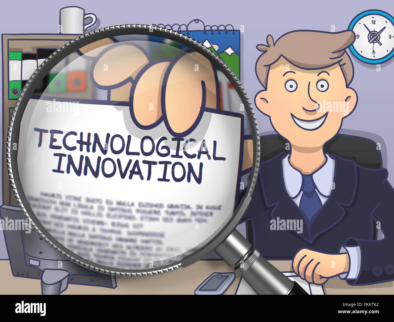 Innovazione tecnologica attraverso la lente di ingrandimento. Doodle stile. Foto Stock