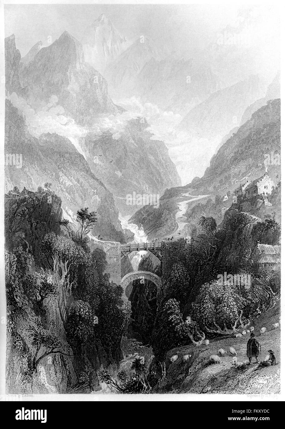 Una incisione di doppio ponte di scia e la valle del Gave de Gavarnie scansionati ad alta risoluzione da un libro stampato in 1876. Foto Stock