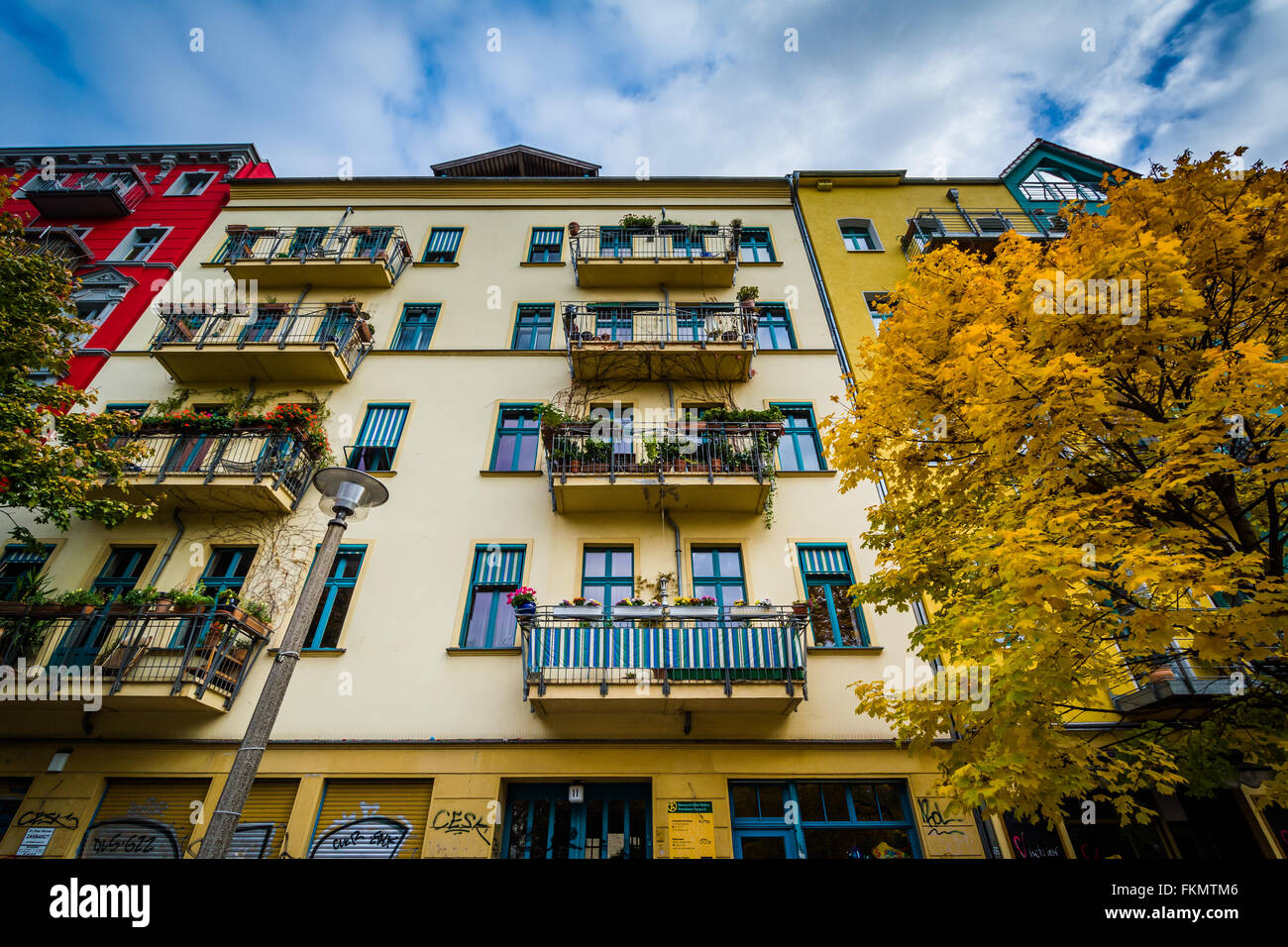 Colore di autunno ed edifici lungo Dunckerstraße, in Prenzlauer Berg di Berlino, Germania. Foto Stock