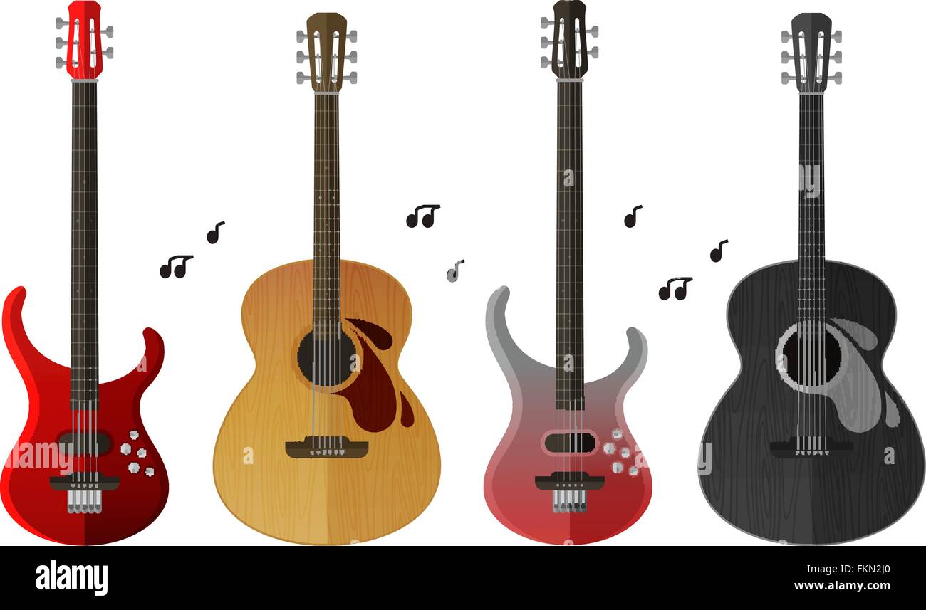 Strumenti musicali set di icone. chitarra elettrica e chitarra classica isolati su sfondo bianco Illustrazione Vettoriale