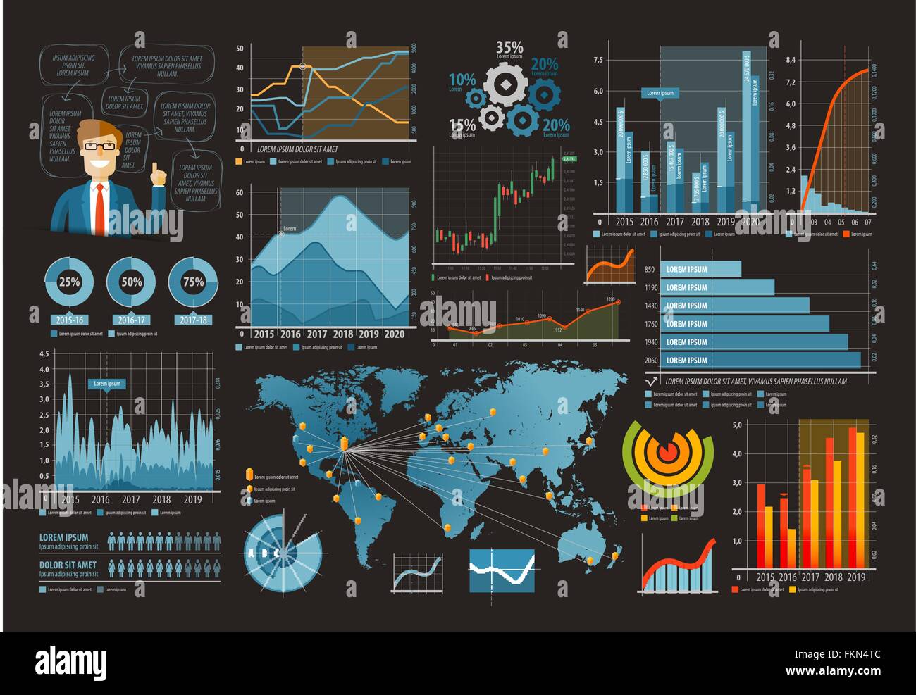 Affari e finanza template design infografico illustrazione vettoriale. set di tabelle, grafici, diagrammi Illustrazione Vettoriale