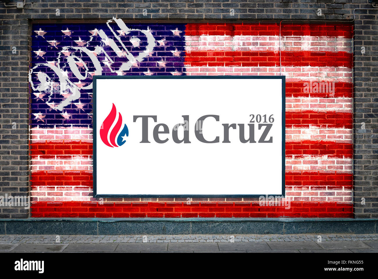 Ted Cruz 2016 campagna presidenziale poster su un cartellone con bandiera americana dipinta su th Foto Stock