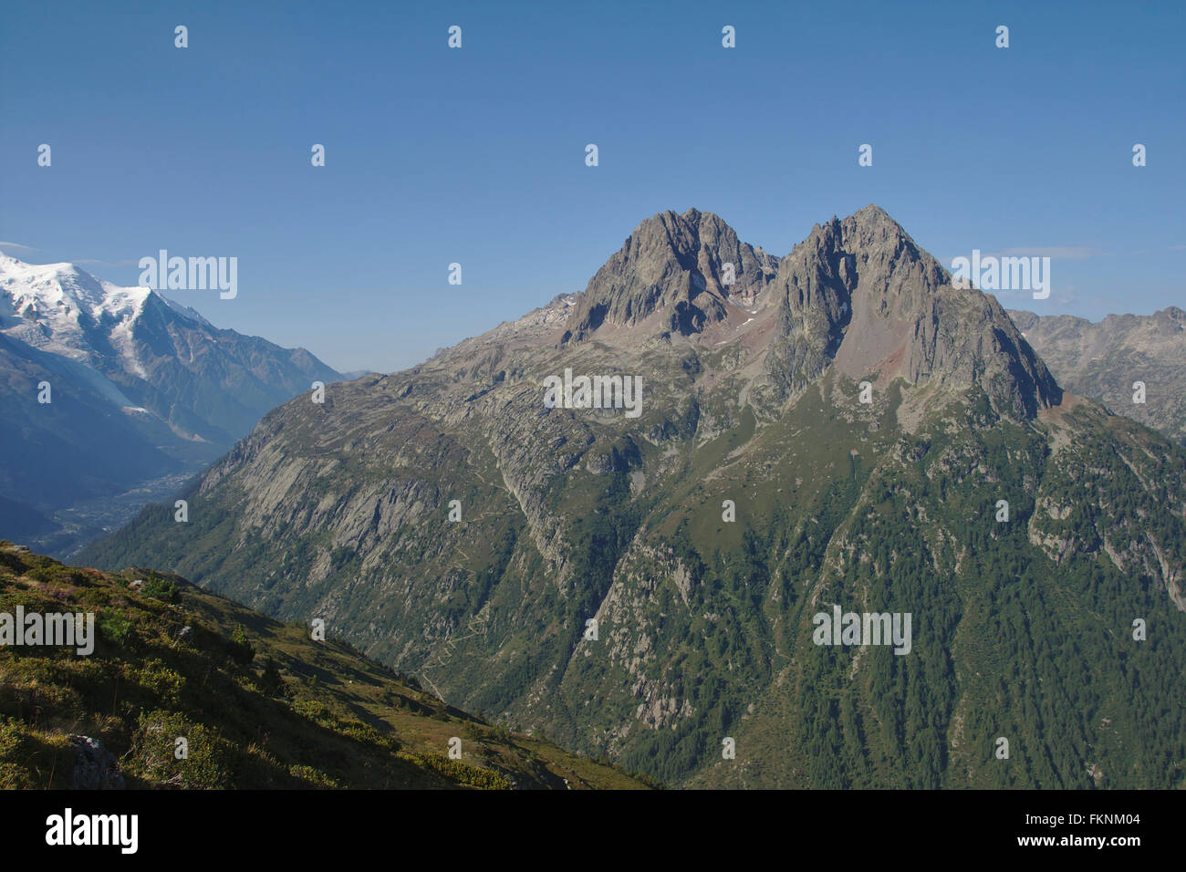 Aiguille de Mesure, Aiguille de l'Encrenaz, Aiguilles Rouges, da Balme, Francia Foto Stock