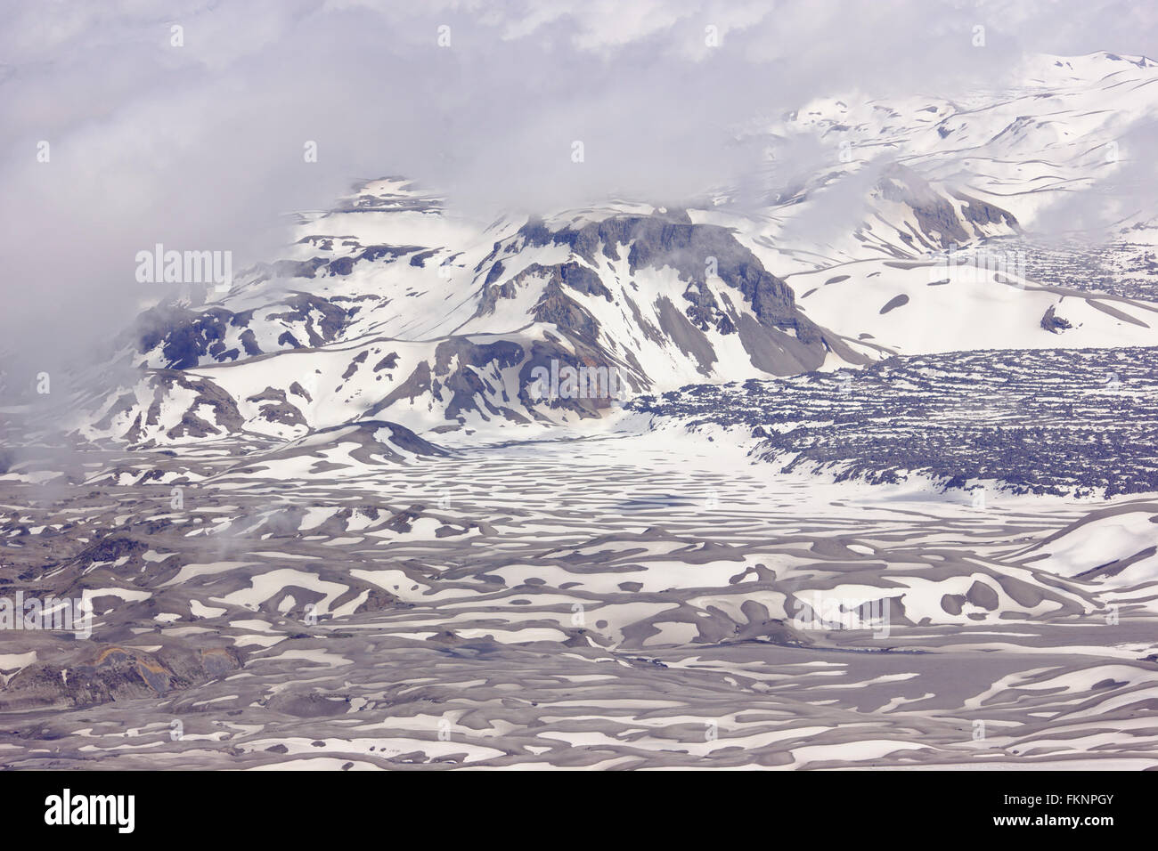 Ceneri vulcaniche e neve, Cordon Caulle sul vulcano Puyehue, Patagonia, Cile Foto Stock