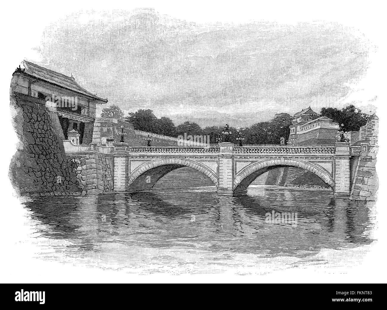 1891 in bianco e nero di incisione il ponte di pietra al palazzo imperiale di Tokyo. Foto Stock