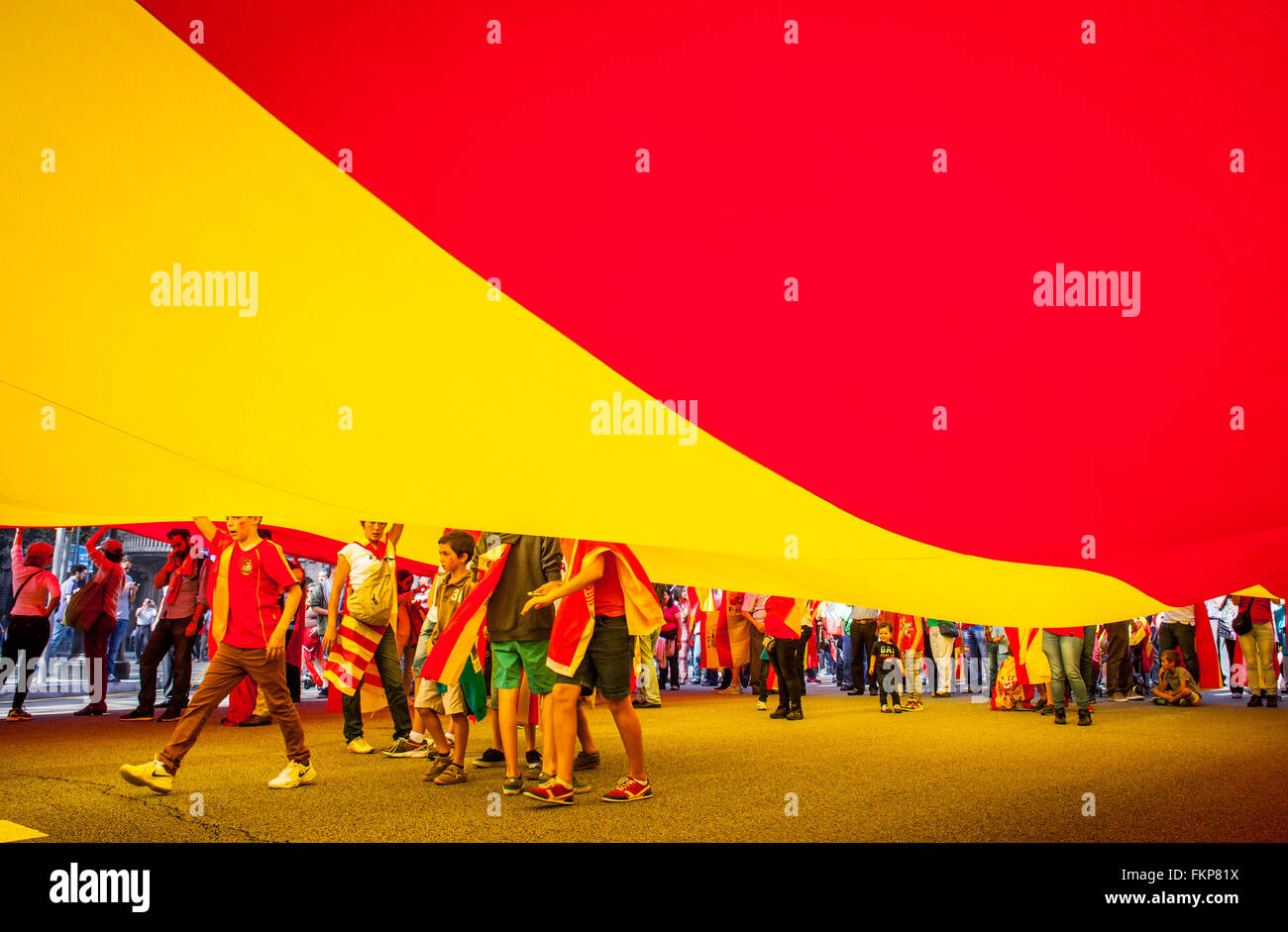 Anti-indipendenza catalana portano i manifestanti bandiera spagnola durante una dimostrazione per l'unità della Spagna in occasione della Spa Foto Stock