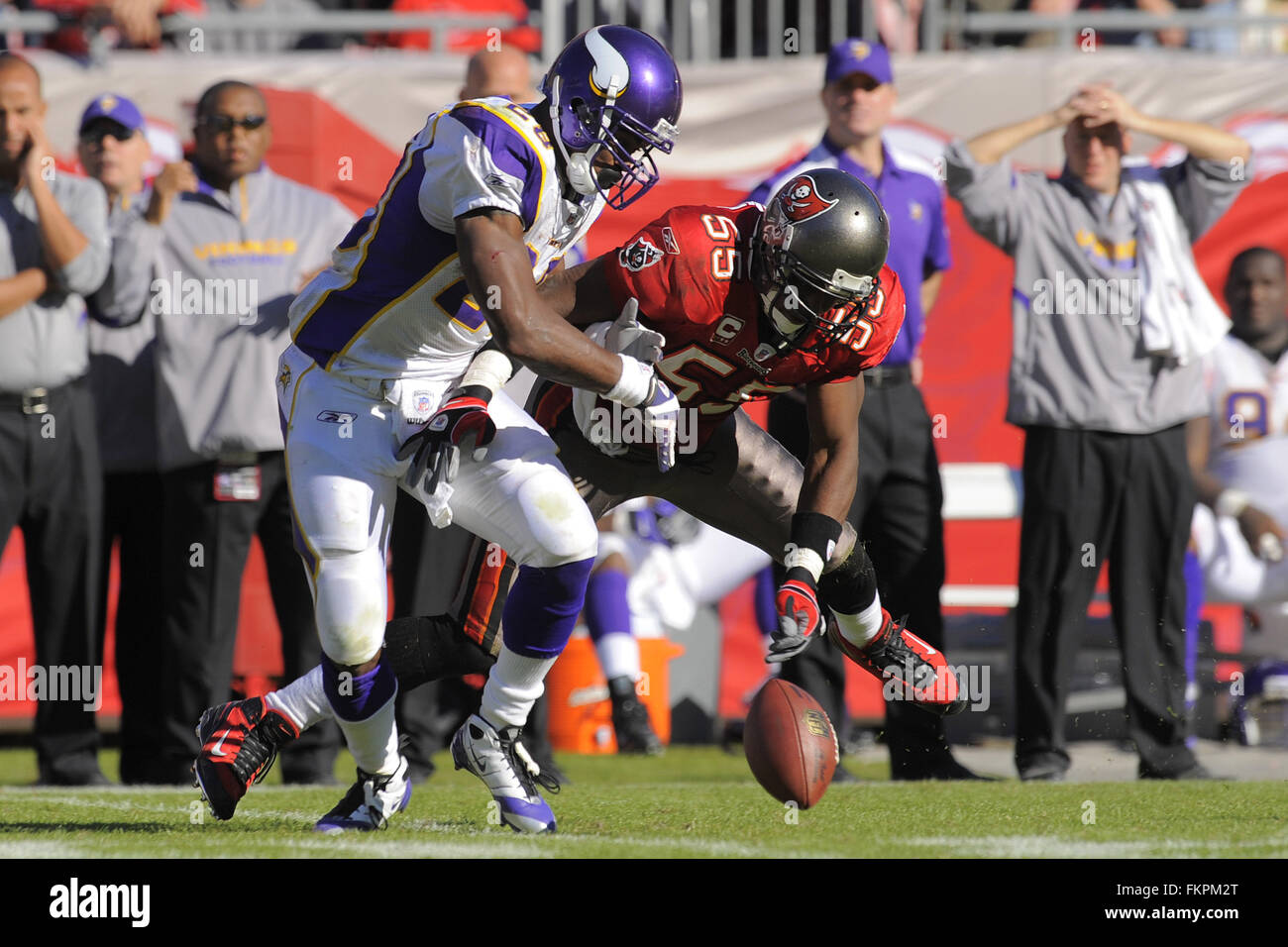 Tampa, Fla, STATI UNITI D'AMERICA. Xvi Nov, 2008. Nov. 16, 2008; Tampa, FL, Stati Uniti d'America; Tampa Bay Buccaneers linebacker Derrick Brooks (55) rompe un pass destinati alla Minnesota Vikings running back Adrian Peterson (28) durante la seconda metà a Raymond James Stadium. Il Bucs ha vinto 19-13. ZUMA Press/Scott A. Miller © Scott A. Miller/ZUMA filo/Alamy Live News Foto Stock