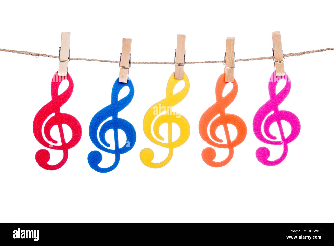 Agganciare lo spago , appendere musica colorata clef artista Foto Stock