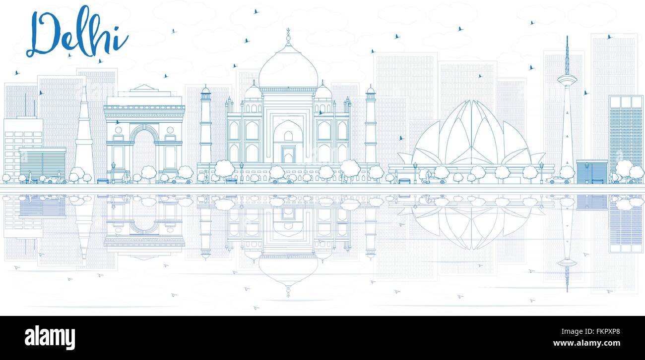 Profilo dello skyline di Delhi con edifici blu e riflessi. Illustrazione Vettoriale. Viaggi di affari e turismo concept Illustrazione Vettoriale