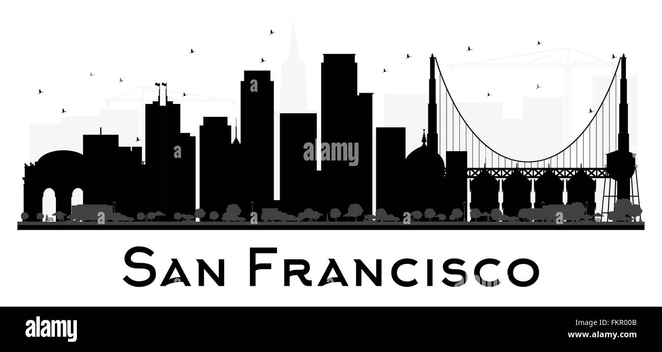 La città di San Francisco skyline in bianco e nero la silhouette. Illustrazione Vettoriale. Piatto semplice concetto per il turismo presentazione, banner Illustrazione Vettoriale