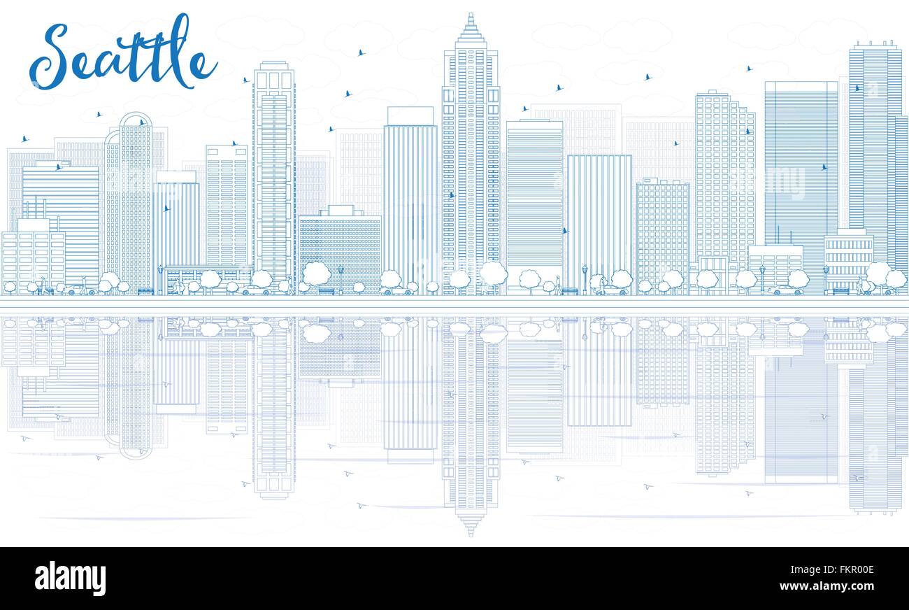 Profilo dello skyline di Seattle con edifici blu e riflessi. Illustrazione Vettoriale. Viaggi di affari e turismo concept Illustrazione Vettoriale