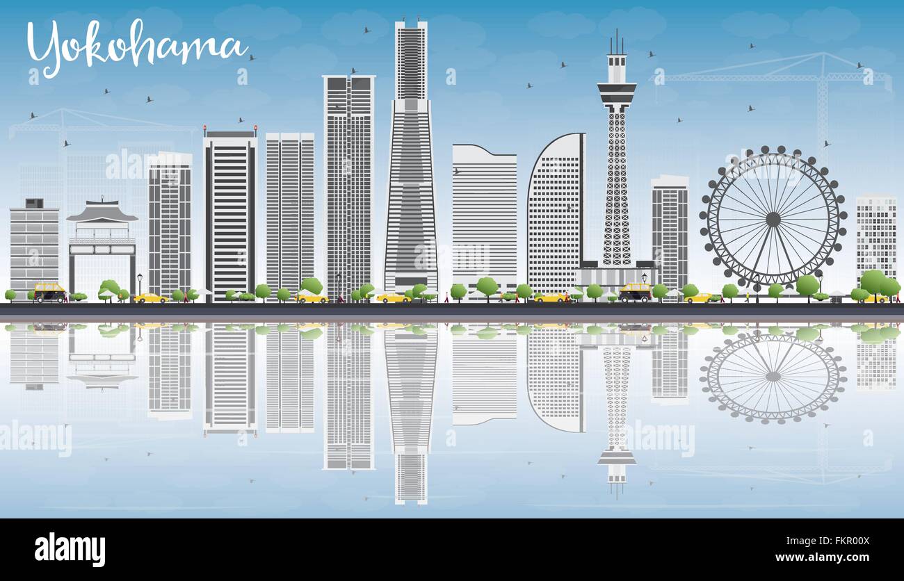 Lo Skyline di Yokohama con edifici grigi, cielo blu e riflessi. Illustrazione Vettoriale. Gli affari e il turismo Concept Illustrazione Vettoriale