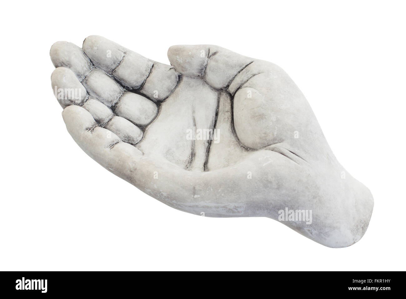 Ciotola di pietra nella forma di una mano, isolato su bianco Foto Stock