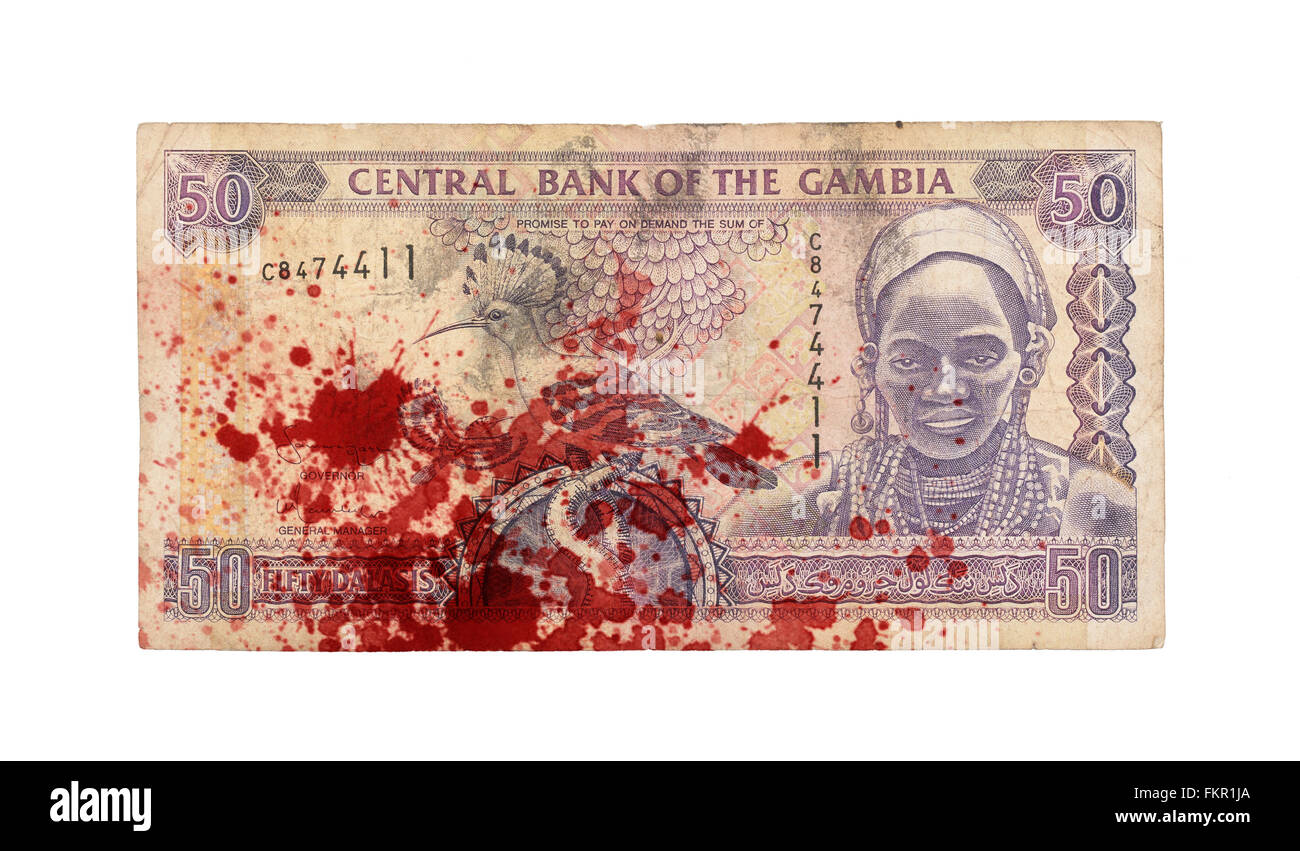 50 Gambiana banca dalasi nota, isolato su bianco, sanguinosa Foto Stock