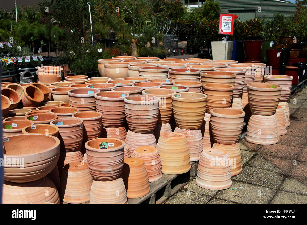 Vasi di terracotta per la vendita in vivaio Foto Stock