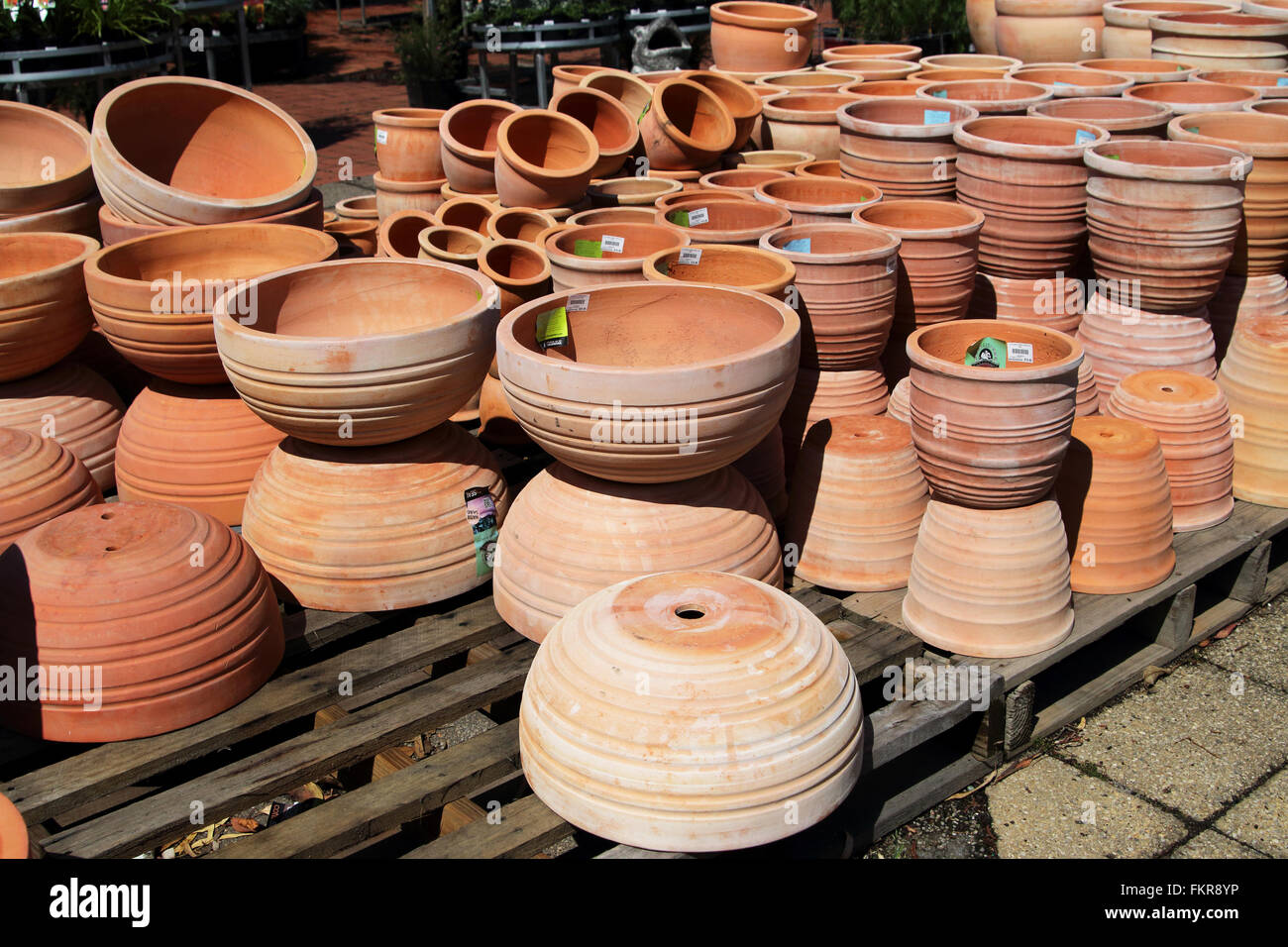 Vasi di terracotta per la vendita in vivaio Foto Stock