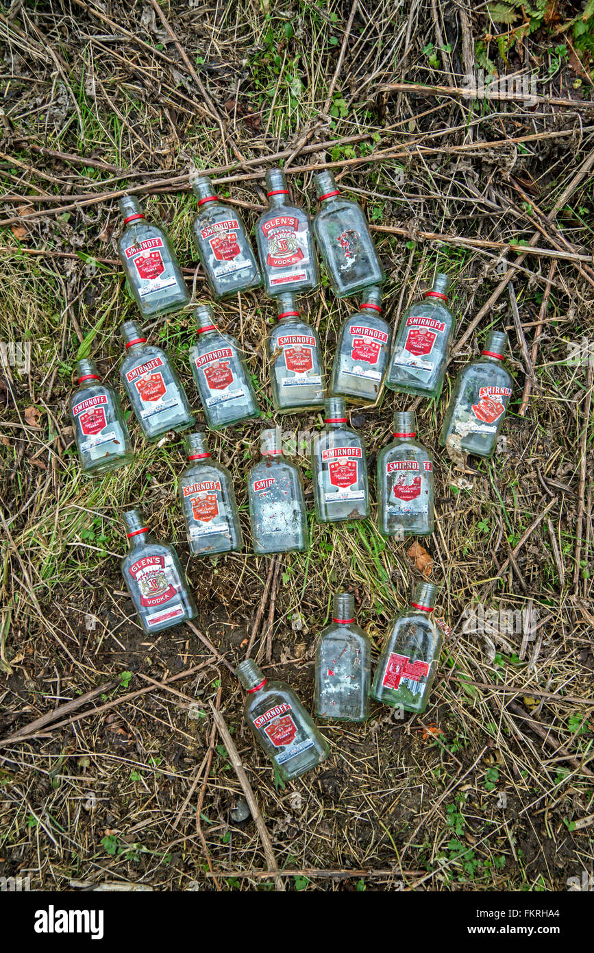 Svuotare le mezze bottiglie di Smirnoff vodka disposti su un orlo di erba di Edimburgo. Foto Stock