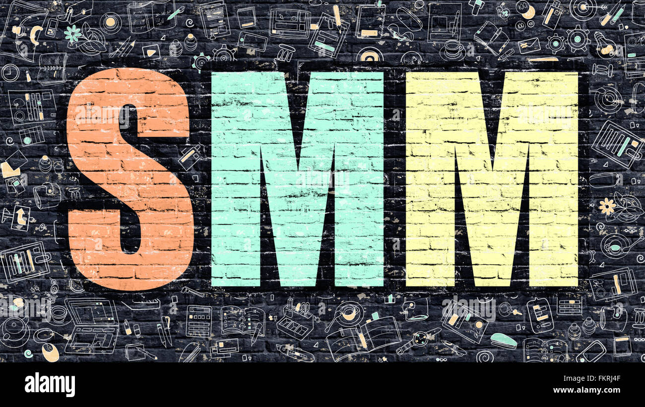 SMM concetto con Doodle icone del design. Foto Stock