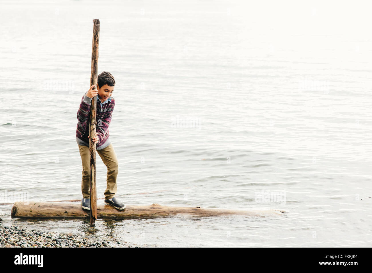 Razza mista ragazzo giocando sul log in lago Foto Stock