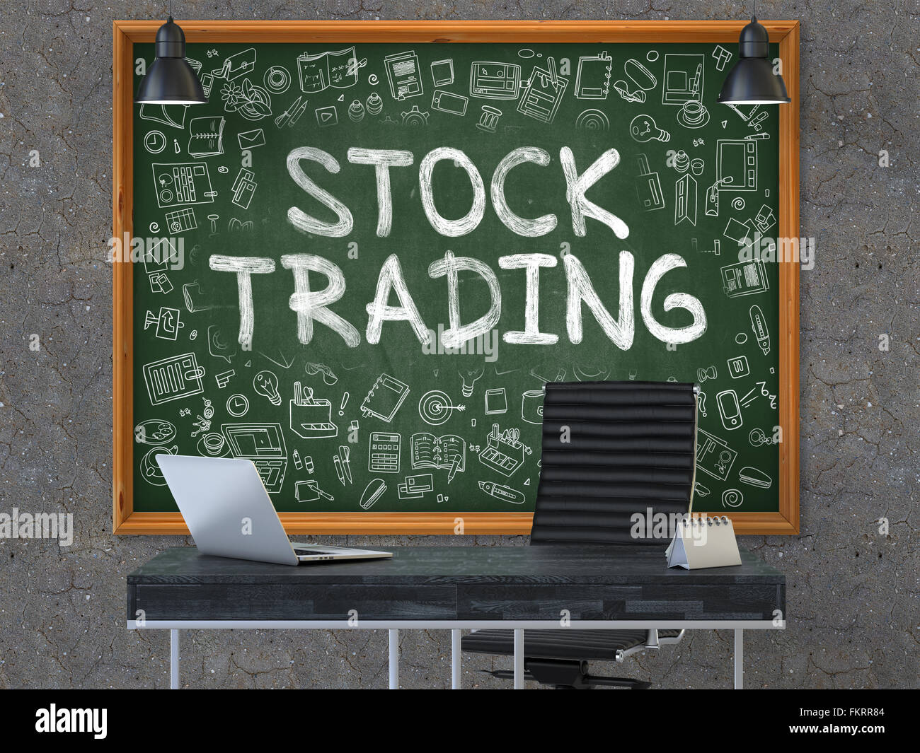 Negoziazioni di borsa concetto. Doodle icone sulla lavagna. Foto Stock