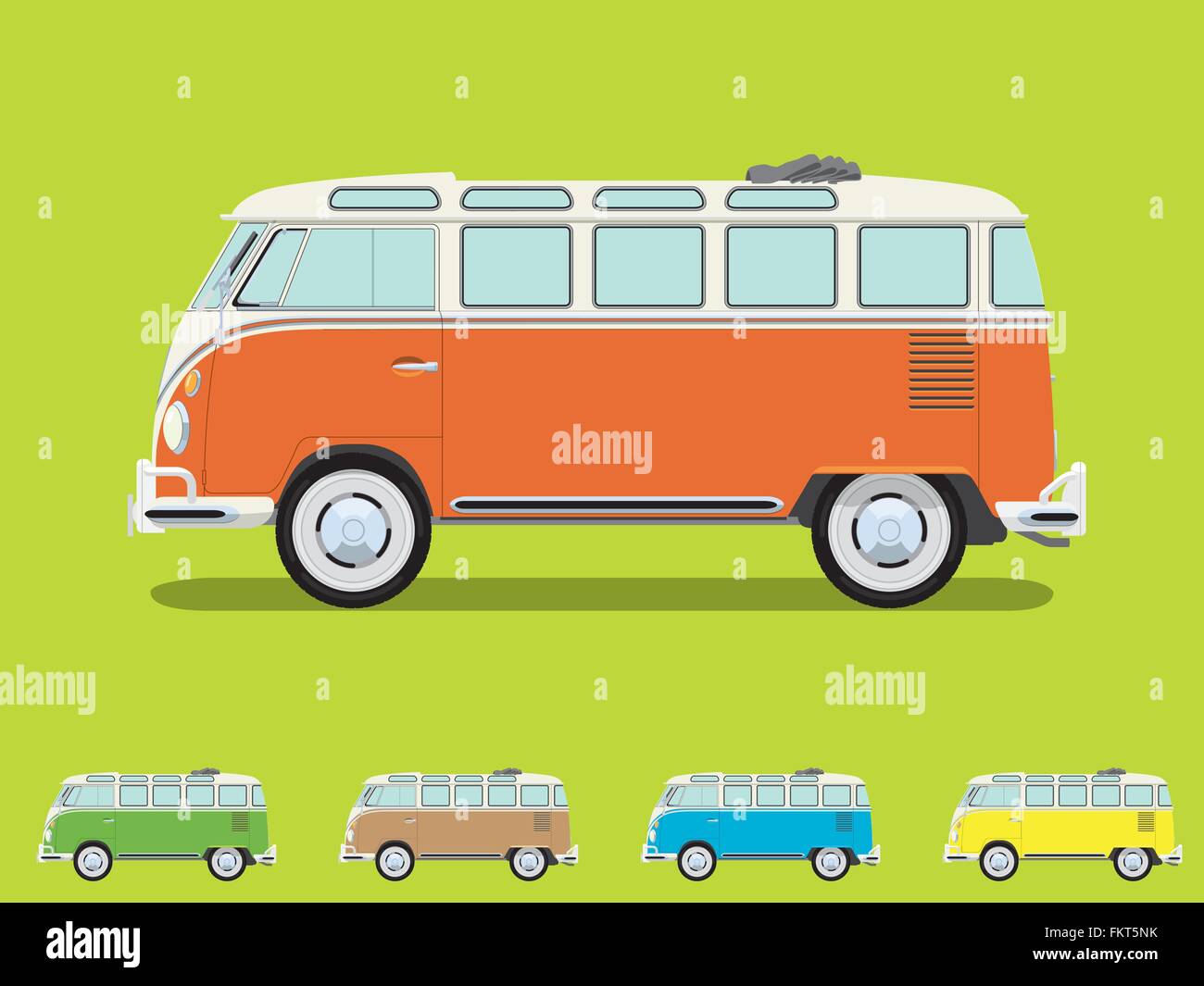 Vintage Volkswagen camper van con tetto aperto, vista laterale dettagliata, quattro più leggermente semplificata di piccole variazioni di colore Illustrazione Vettoriale