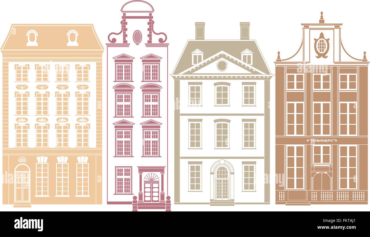 Fila di quattro case di città nel XIX secolo gli stili Illustrazione Vettoriale