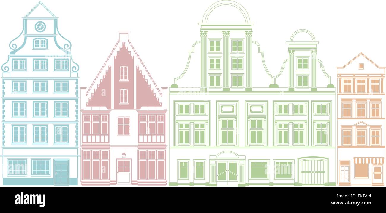 Fila di quattro case di città in stile storico illustrazione Illustrazione Vettoriale