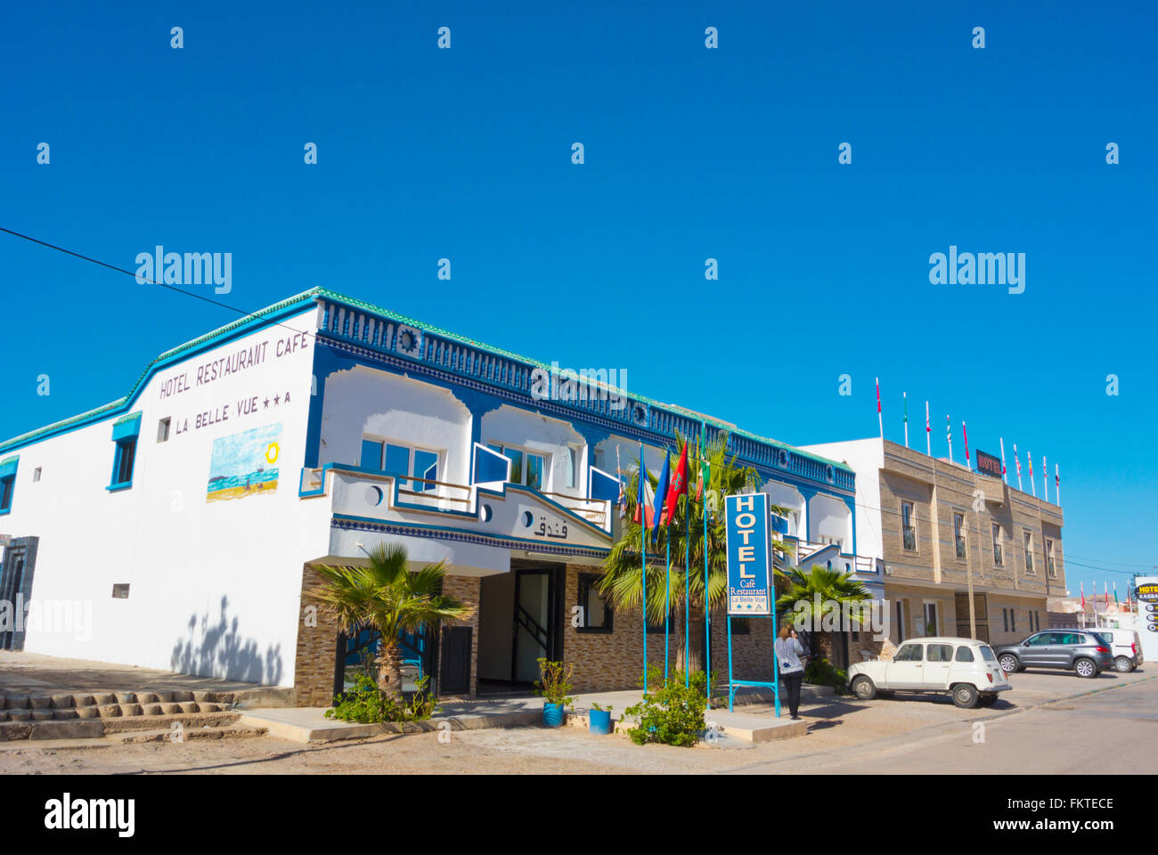 Hotel La Belle Vue e Kasba, alla spiaggia, Tan Tan Plage, a sud del Marocco, Africa settentrionale Foto Stock