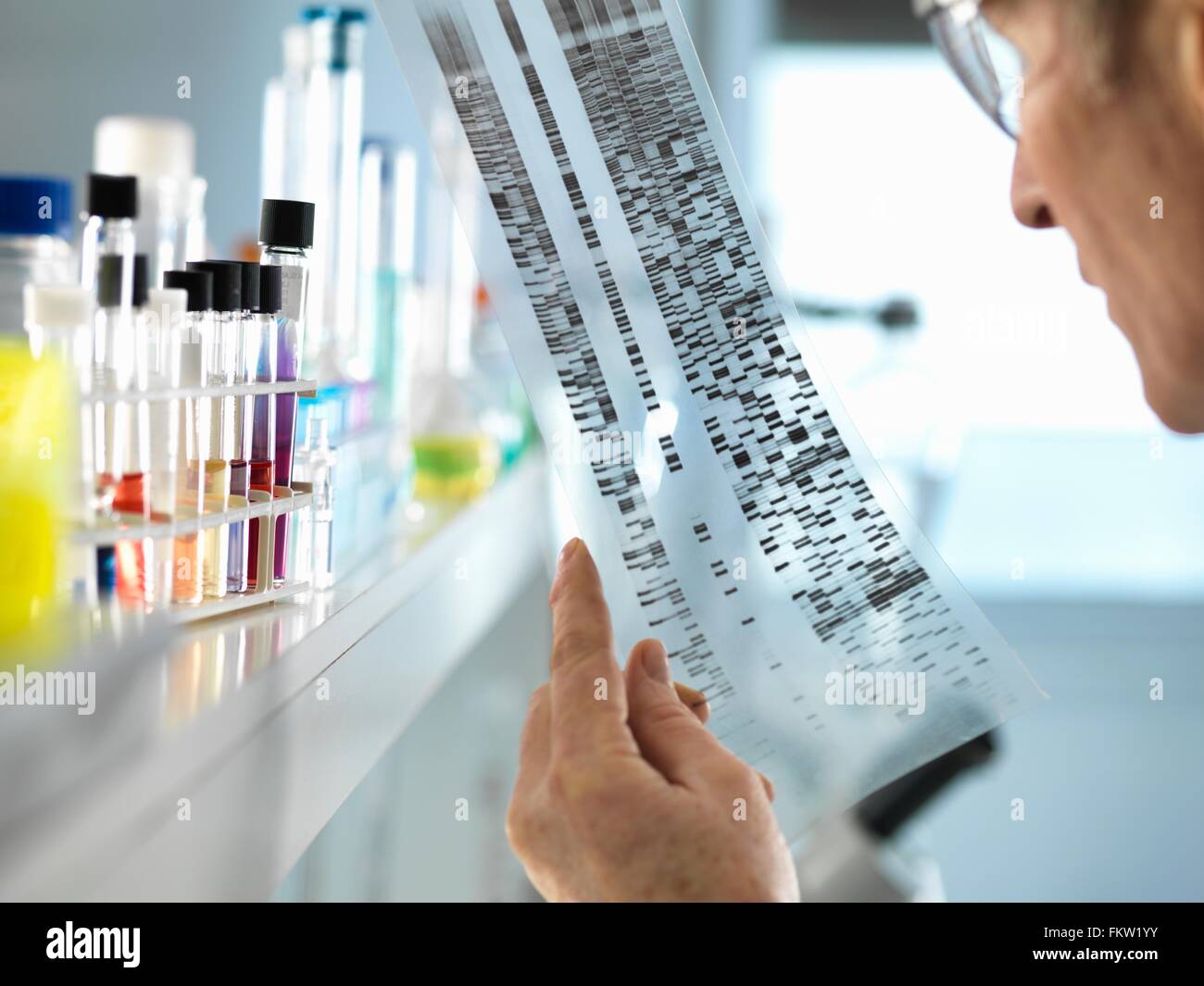 Scienziato la visualizzazione di una sequenza di DNA su gel di capire le informazioni genetiche di un essere umano in un laboratorio Foto Stock