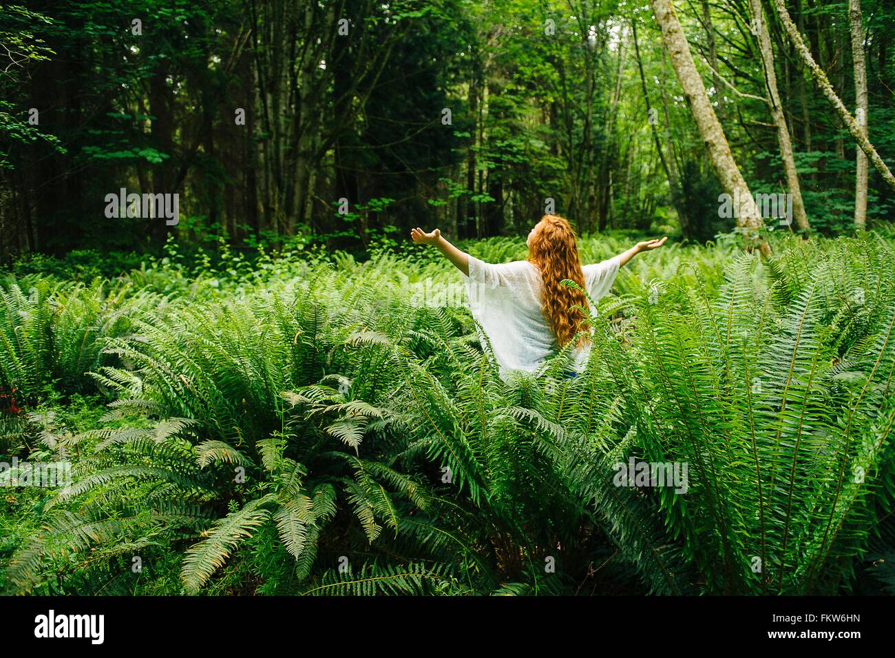 Giovane donna con i bracci aperti fra la foresta di felci Foto Stock