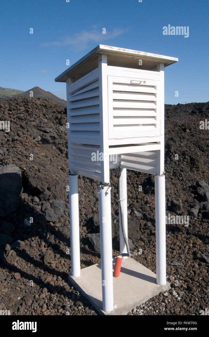 Stazione meteo temperatura aria a pressione monitoraggio della registrazione La registrazione delle condizioni atmosferiche meteorologiche schermo Stevenson è Foto Stock