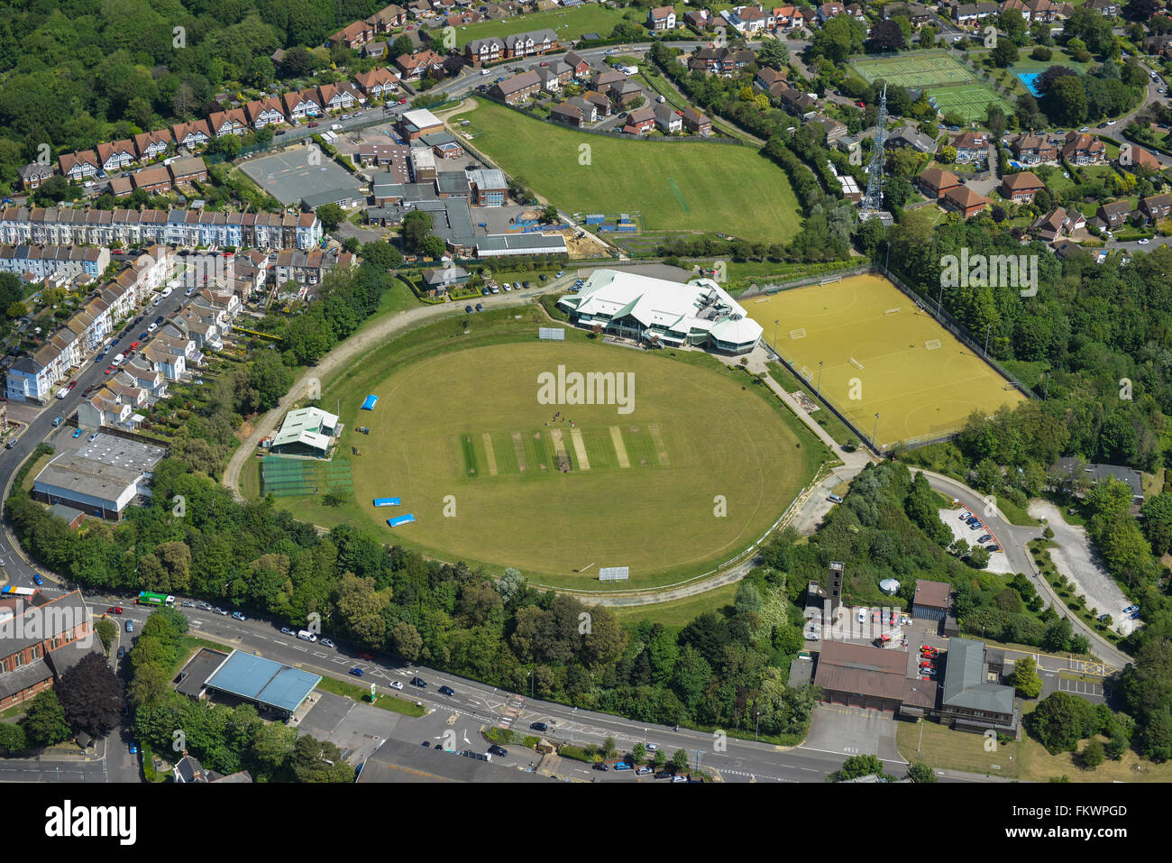 Una veduta aerea della strada Horntye complessi sportivi in Hastings, East Sussex Foto Stock