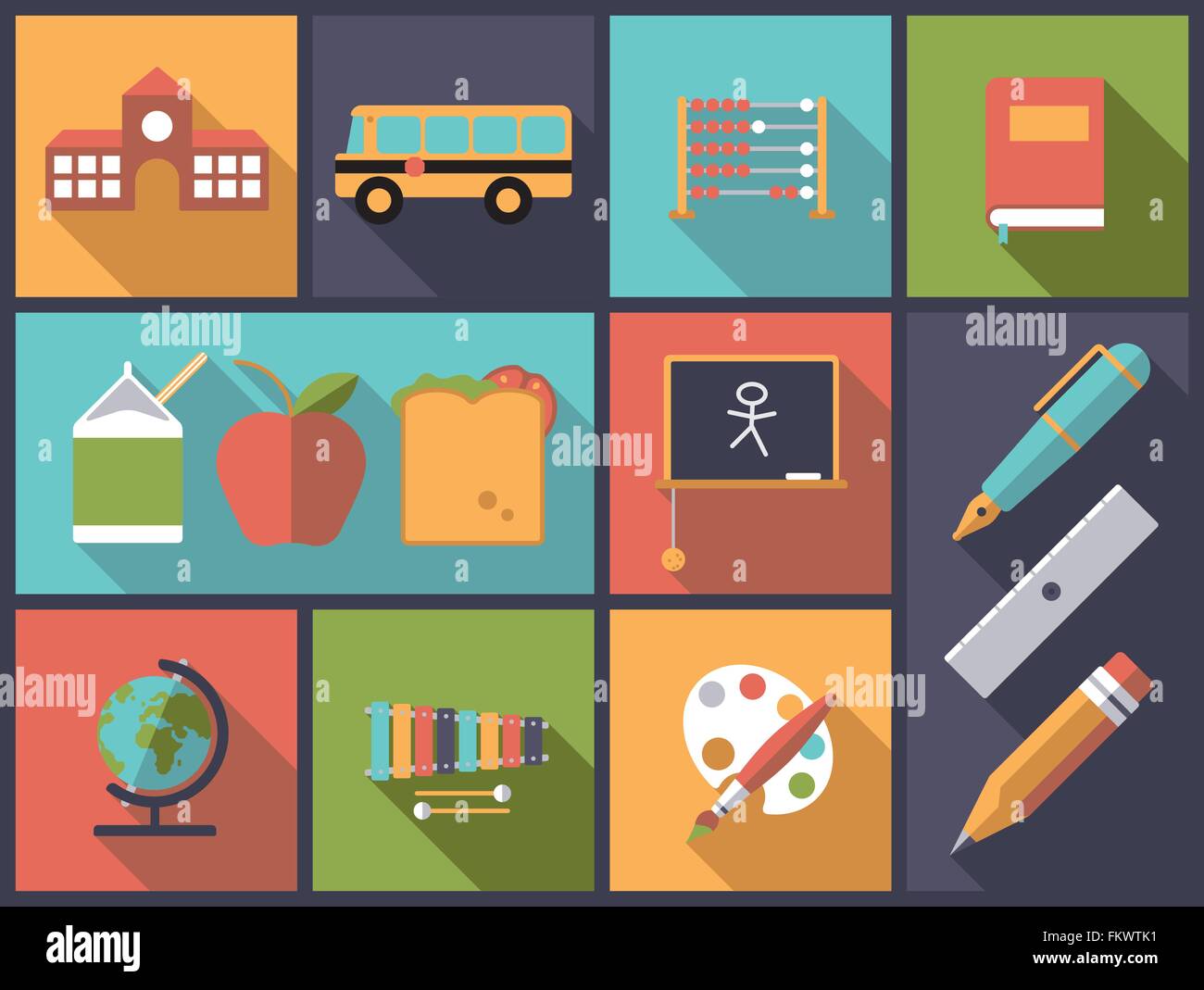 Piatta orizzontale illustrazione di design con scuole elementari e di istruzione di base delle icone Illustrazione Vettoriale