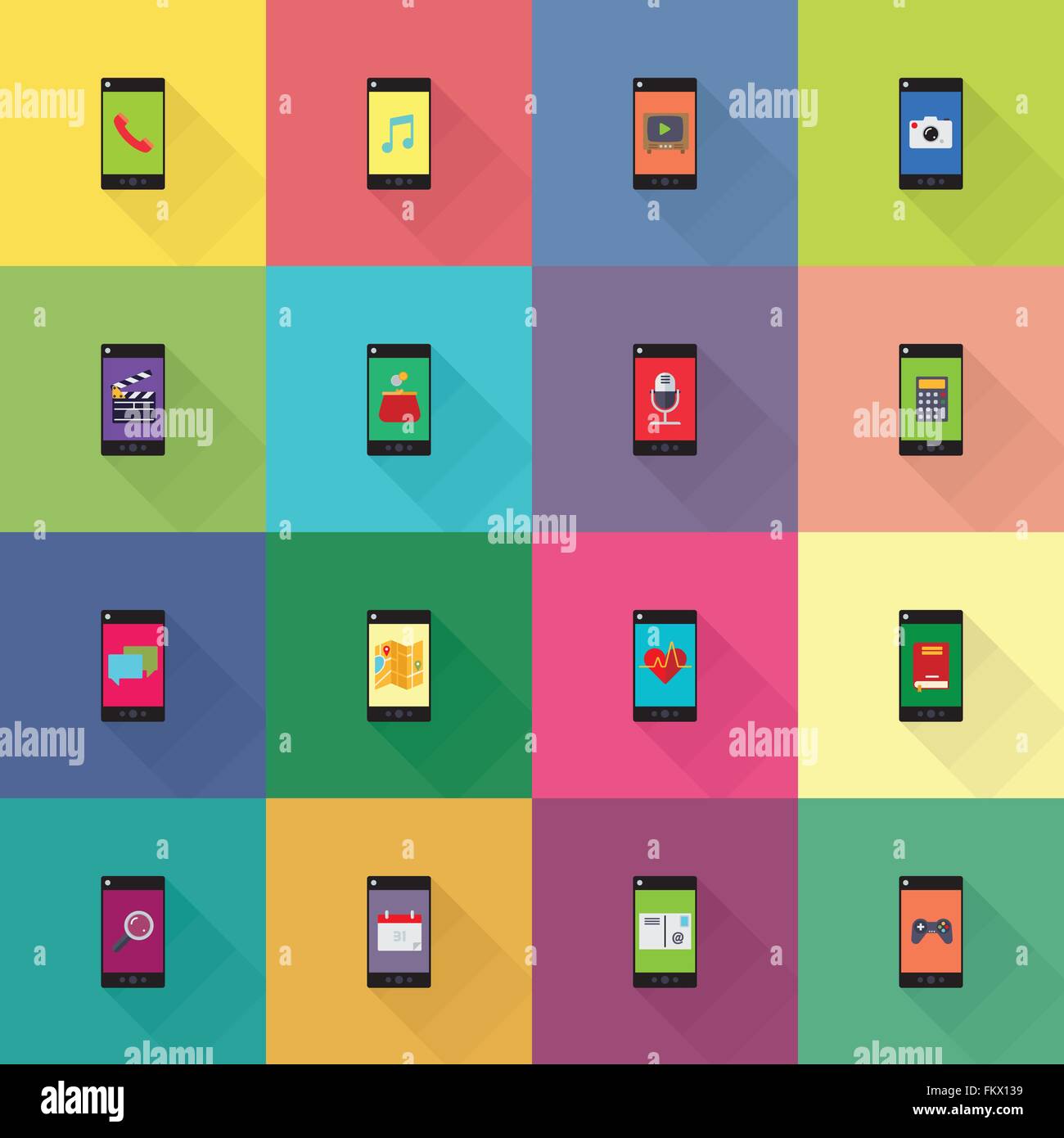 Raccolta di applicazioni mobile sui telefoni smart design piatto icone Illustrazione Vettoriale