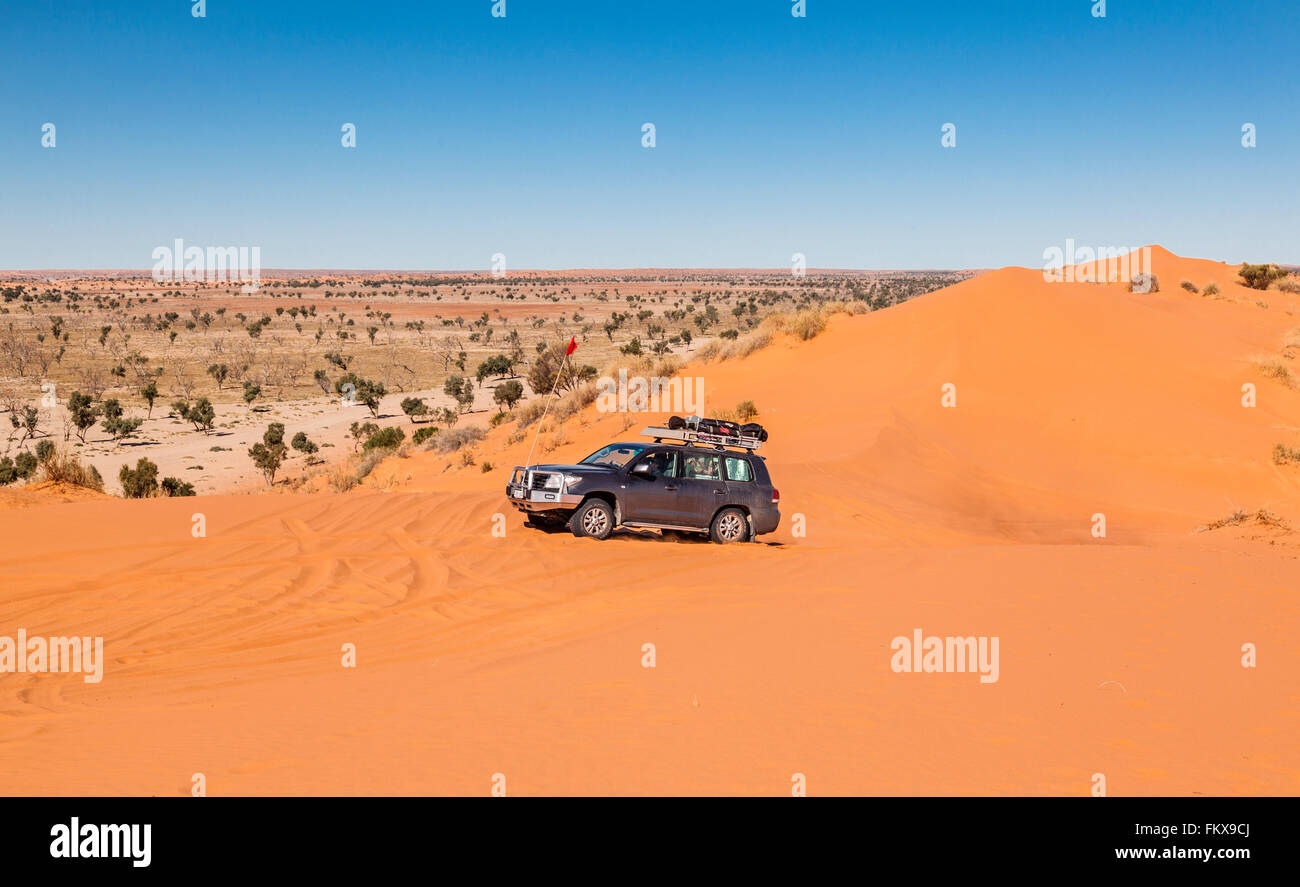 Un 4WD ventilatori di raggiungere la cresta del "Big Red' dune dopo aver attraversato il deserto Simpson. Foto Stock