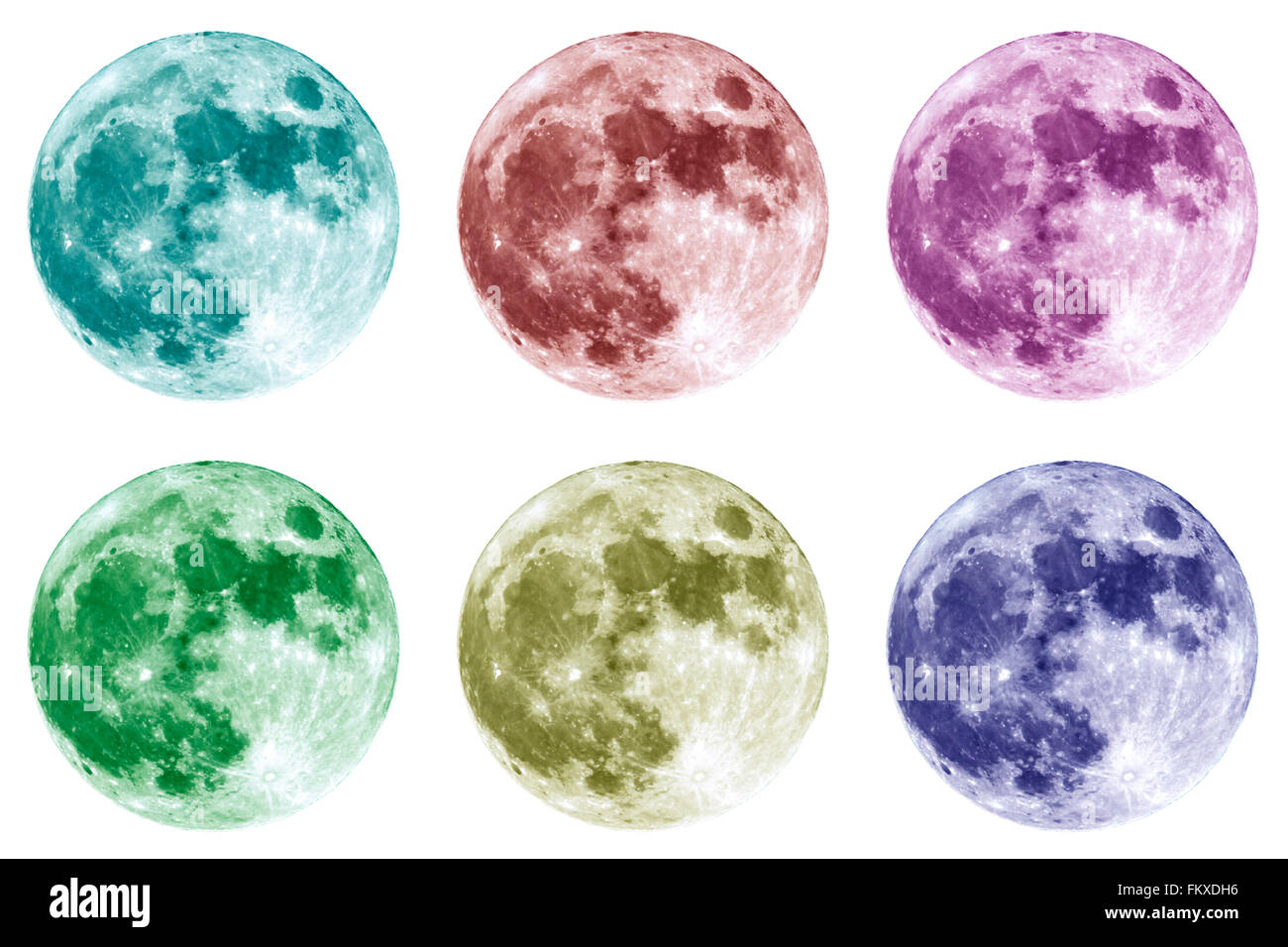 Sei diversi colori collage di la luna piena è visto isolato su uno sfondo bianco. Ad elevato contrasto e risoluzione immagine presa Foto Stock