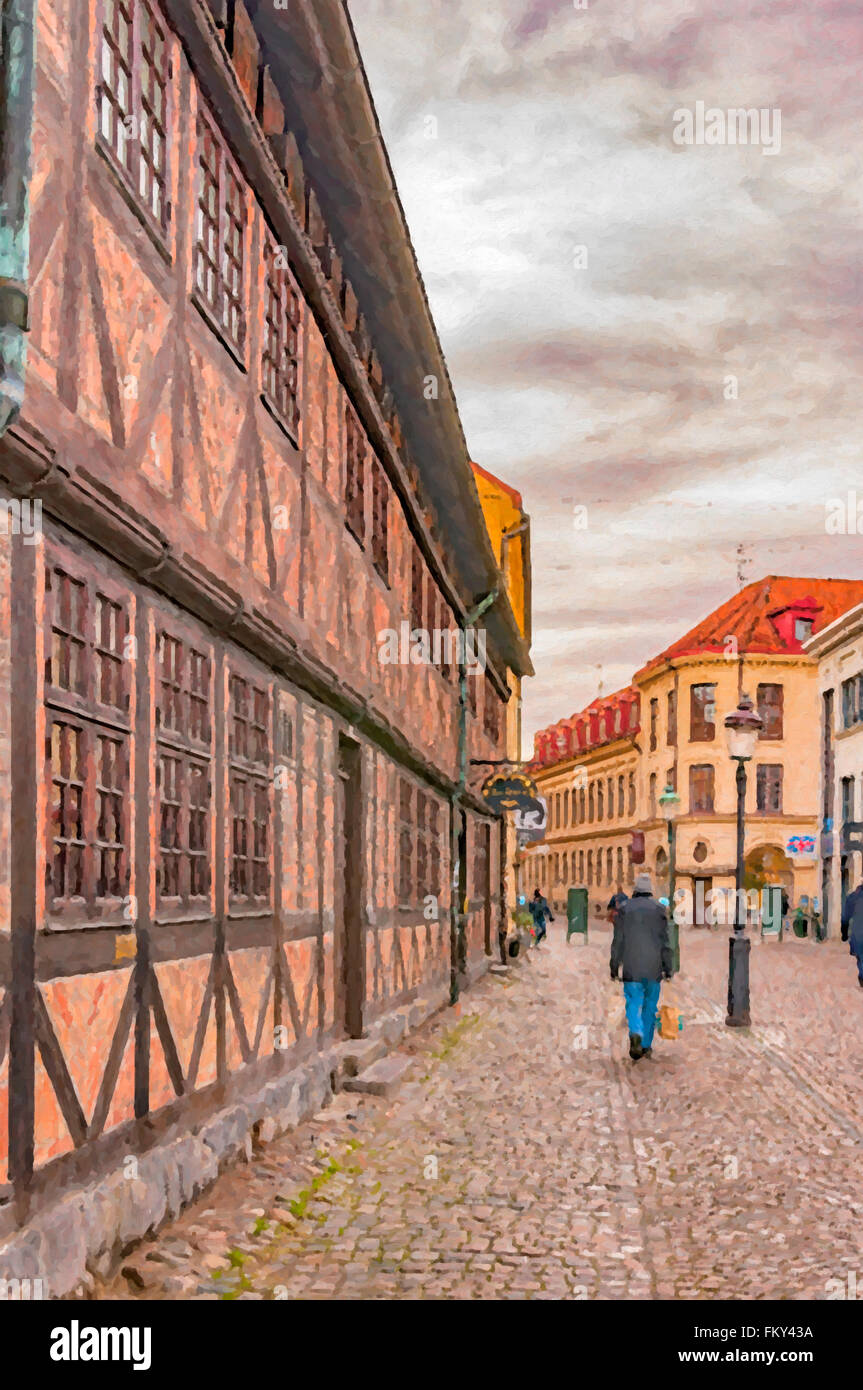Una pittura digitale di uno dei molti caratteristici piccoli vicoli nella città vecchia zona di Malmo. Foto Stock
