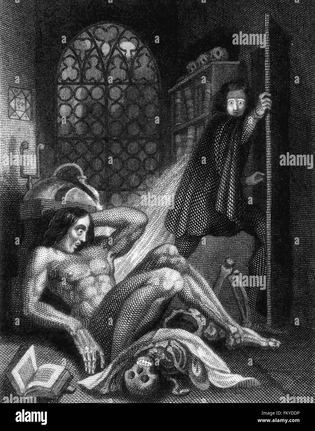 Frankenstein di Mary Shelley. Theodore von Holst dell'illustrazione sul coperchio interno della terza edizione di Mary Shelley 'Frankenstein", pubblicato nel 1831. Foto Stock