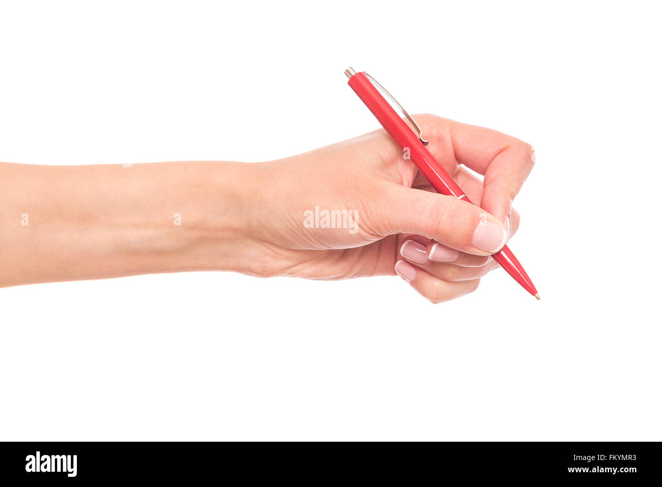 Mano femmina trattiene penna rossa. Foto Stock