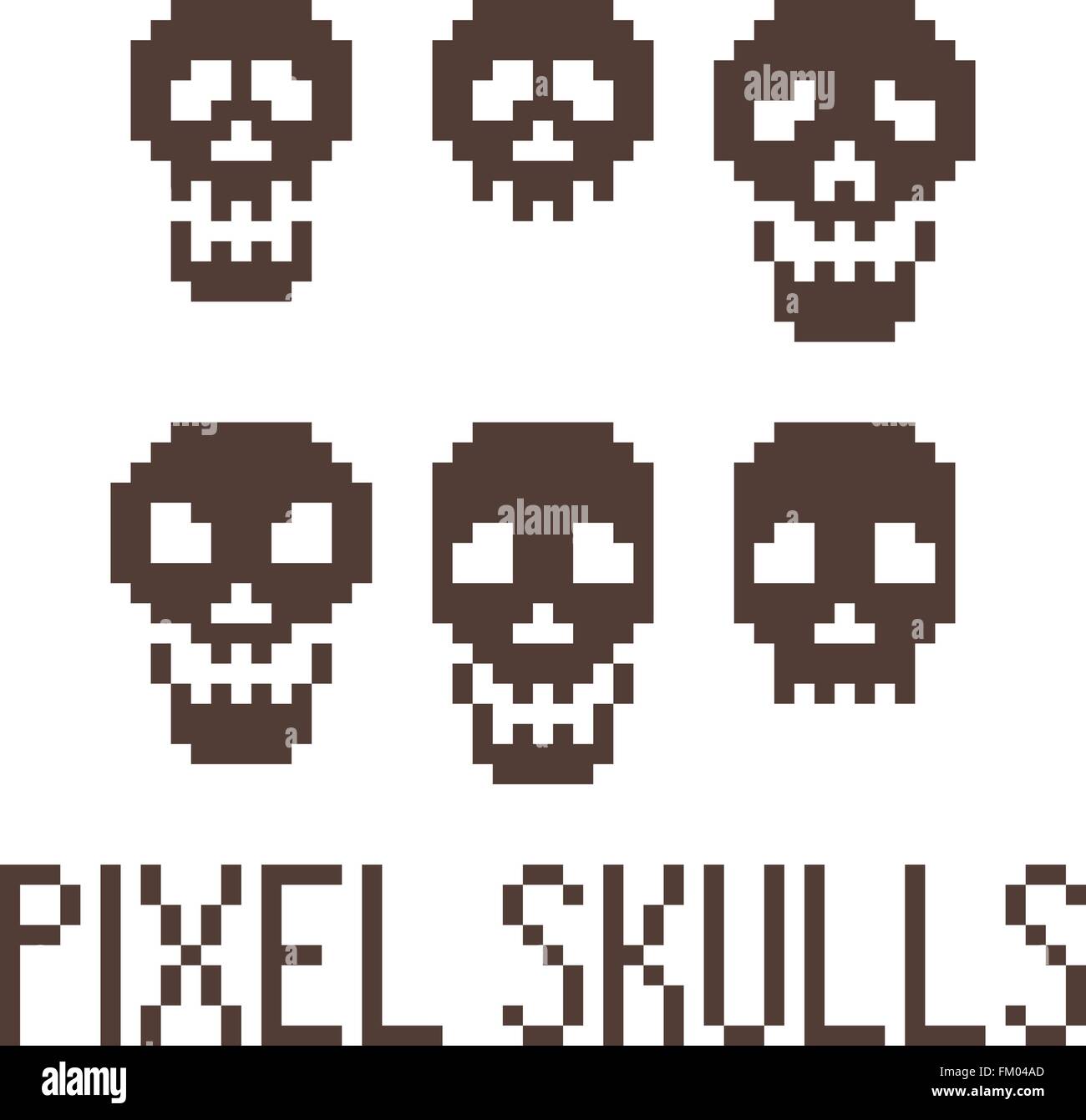Set di sei teschi di pixel. Vettore. Illustrazione Vettoriale