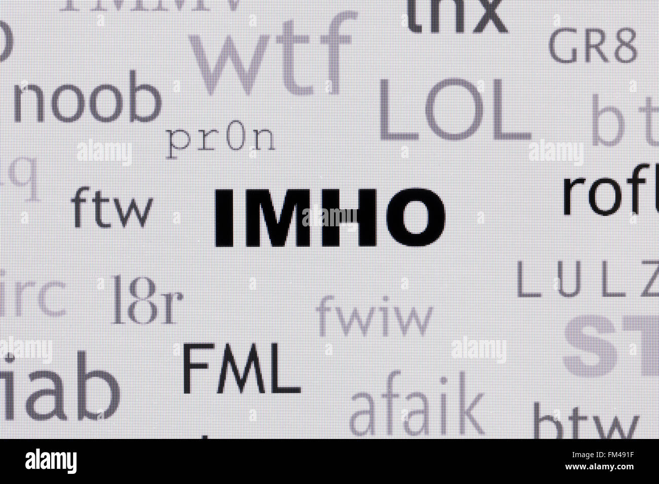 Parola di cloud comunemente usato internet slang evidenziando IMHO - USA Foto Stock