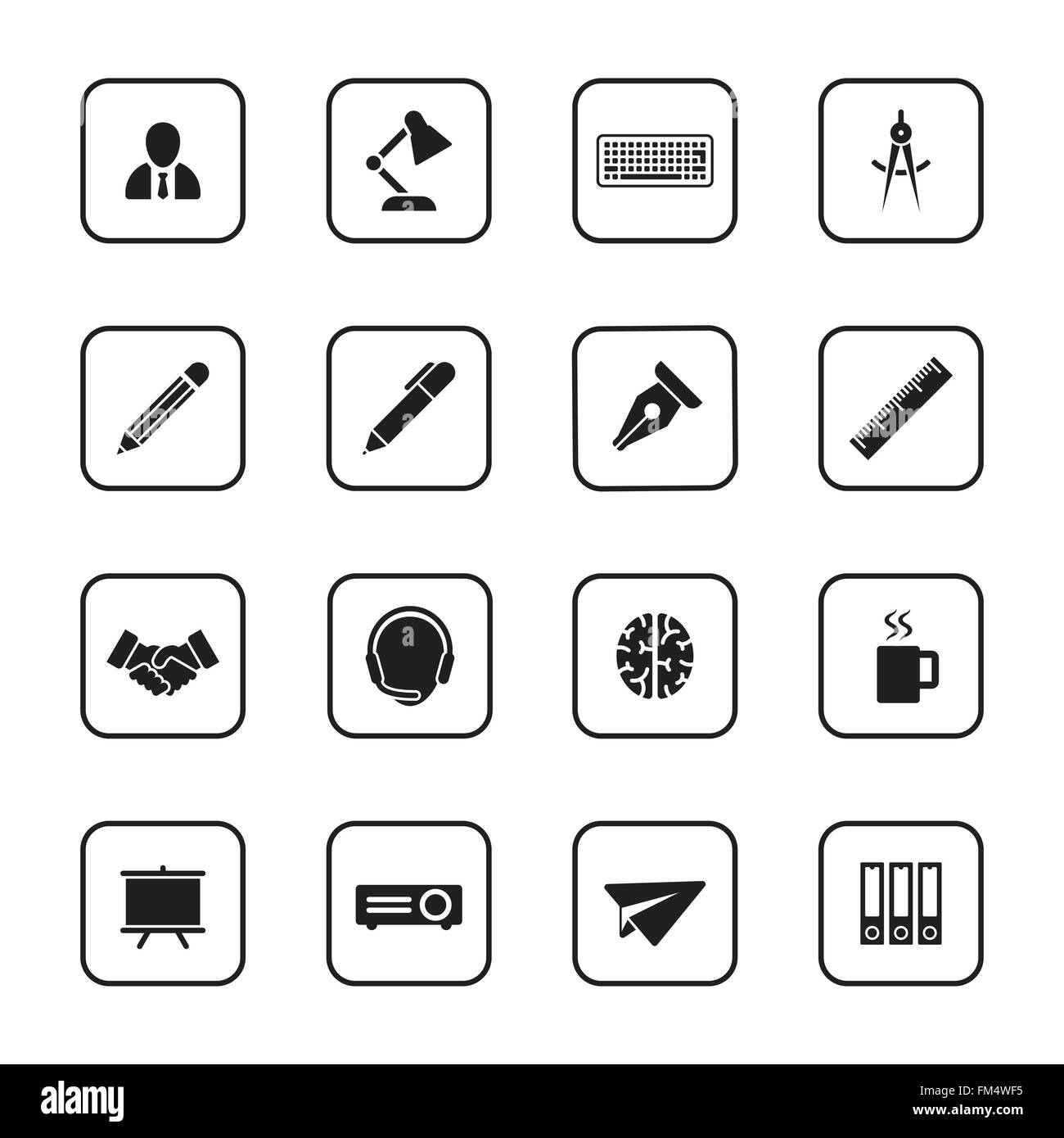 [EPS10] piatto nero business e office icon set con un rettangolo arrotondato telaio per il web, interfaccia utente, una infografica e le applicazioni per dispositivi mobili Illustrazione Vettoriale