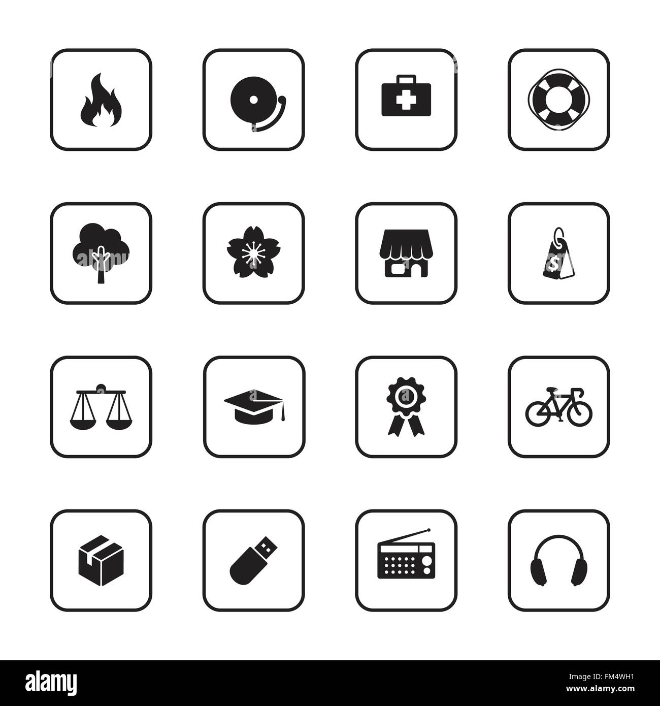 [EPS10] piatto nero e sicurezza varie icon set con un rettangolo arrotondato telaio per il web, interfaccia utente, una infografica e le applicazioni per dispositivi mobili Illustrazione Vettoriale