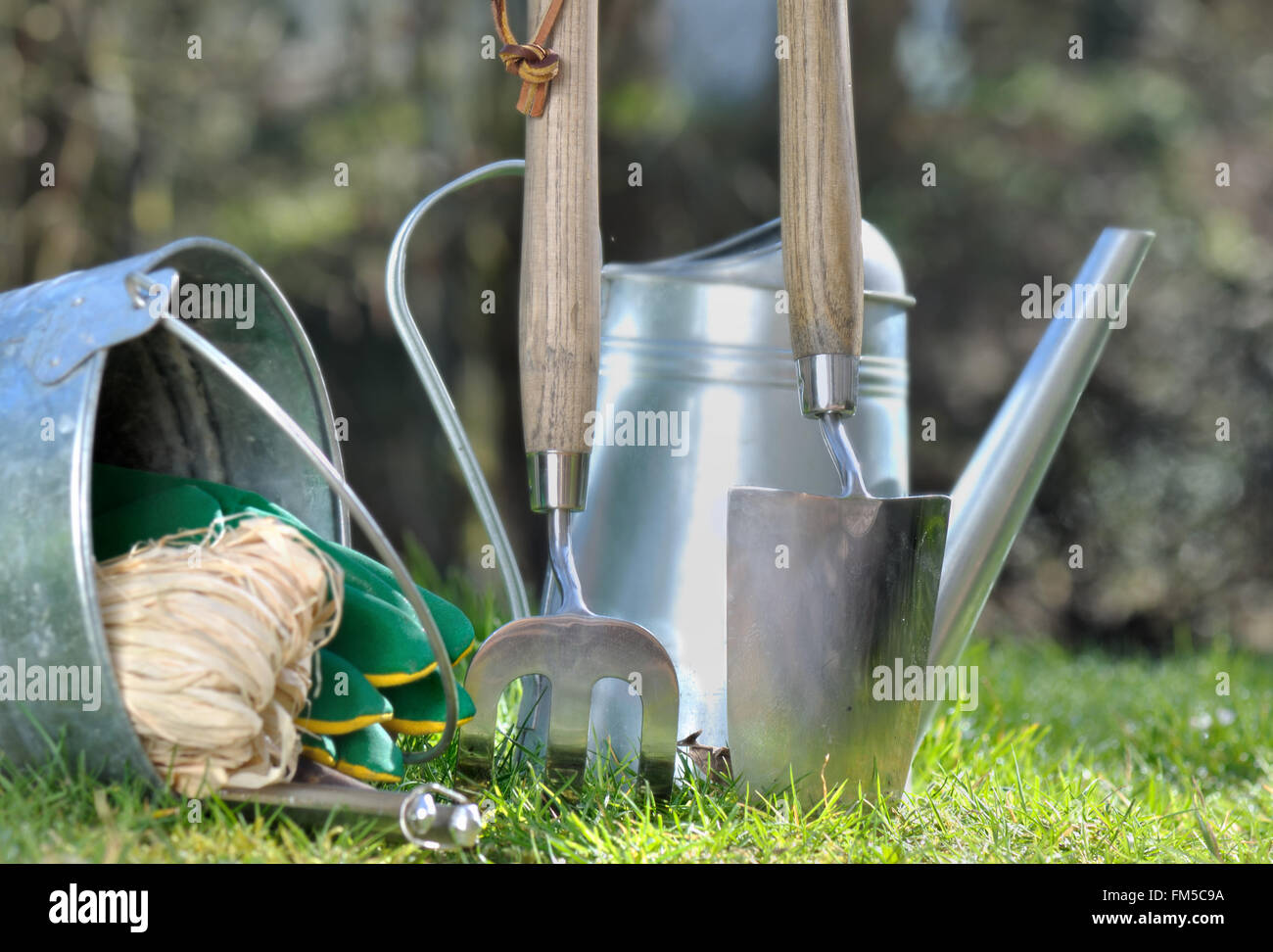 Il giardinaggio accessori metallici sul verde erba Foto Stock