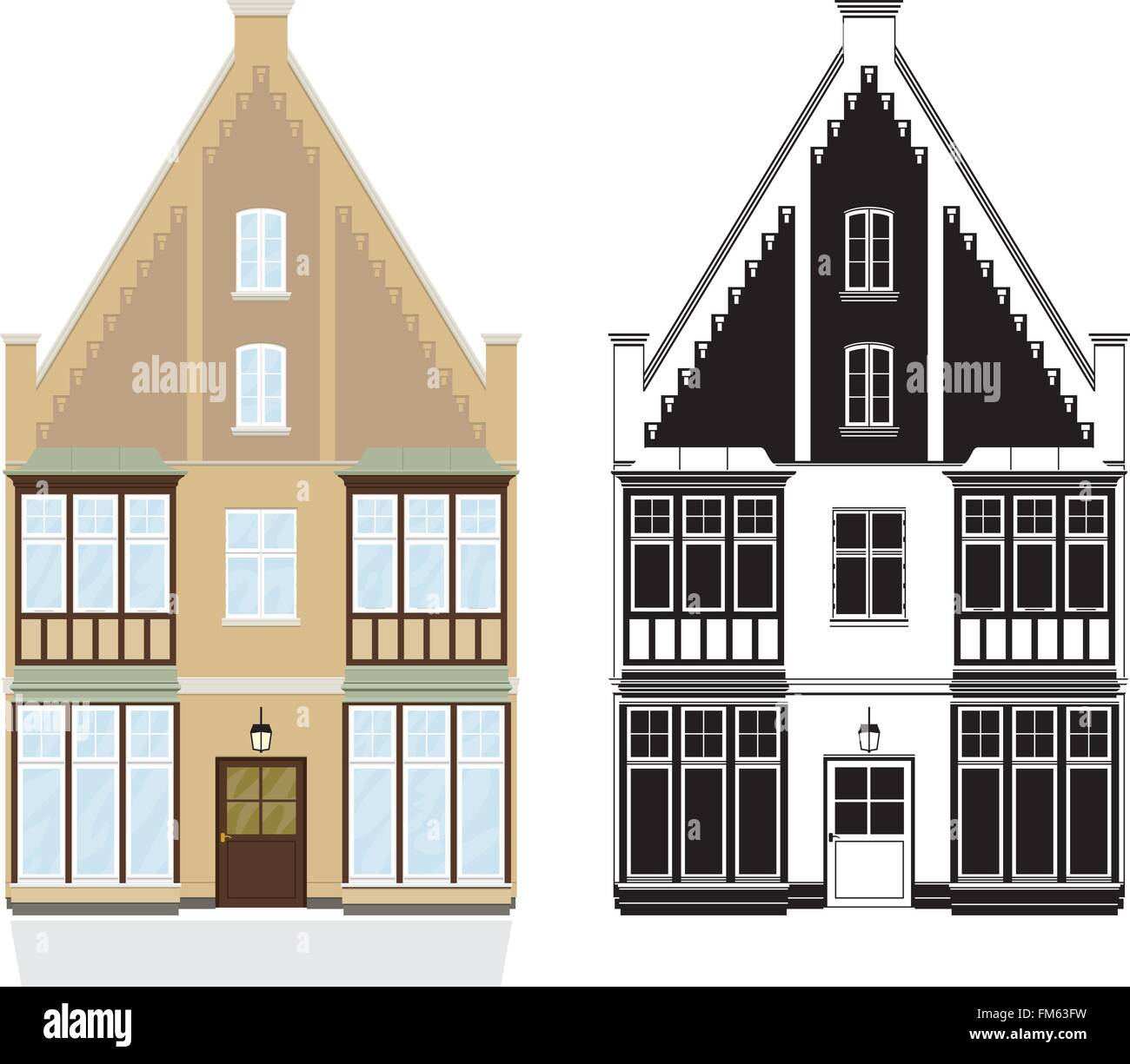 Casa di città a partire dalla fine del XIX secolo, a colori e in bianco e nero versioni nere su livelli separati. Illustrazione Vettoriale