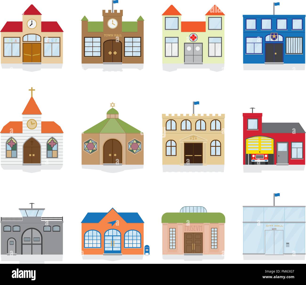 Varietà di edificio pubblico e le istituzioni delle icone. Illustrazione Vettoriale