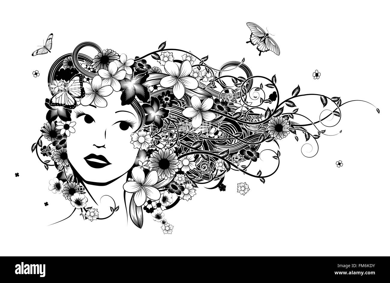 Una donna capelli concetto illustrazione moda di un bel viso di donna con capelli astratta con farfalle e fiori Foto Stock