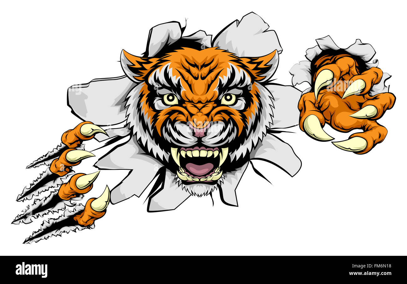 Tiger sport animali mascotte il ripping di carattere attraverso lo sfondo con i suoi artigli Foto Stock