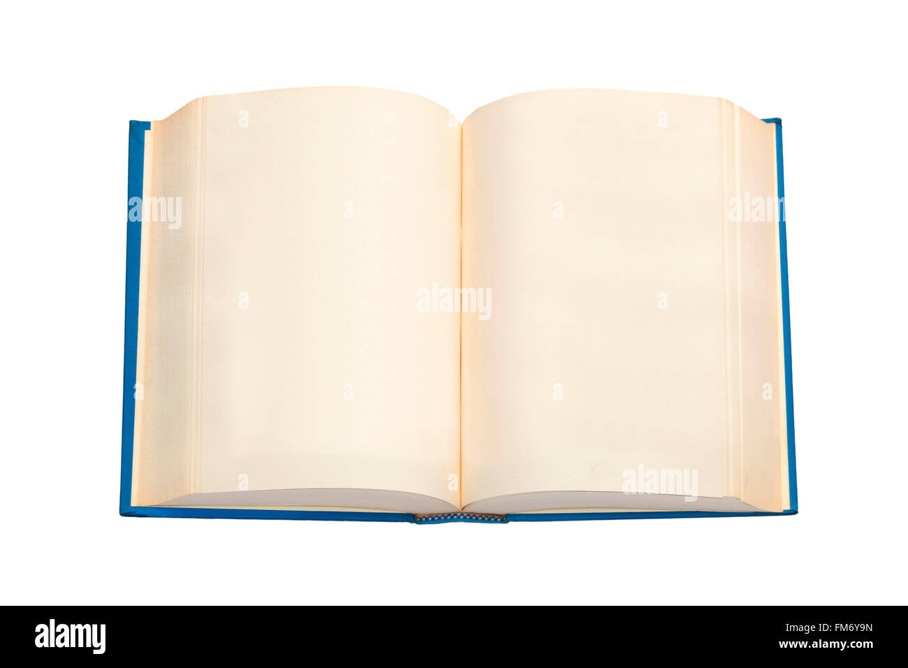 Un libro aperto con coperchio blu e le pagine vuote Foto Stock