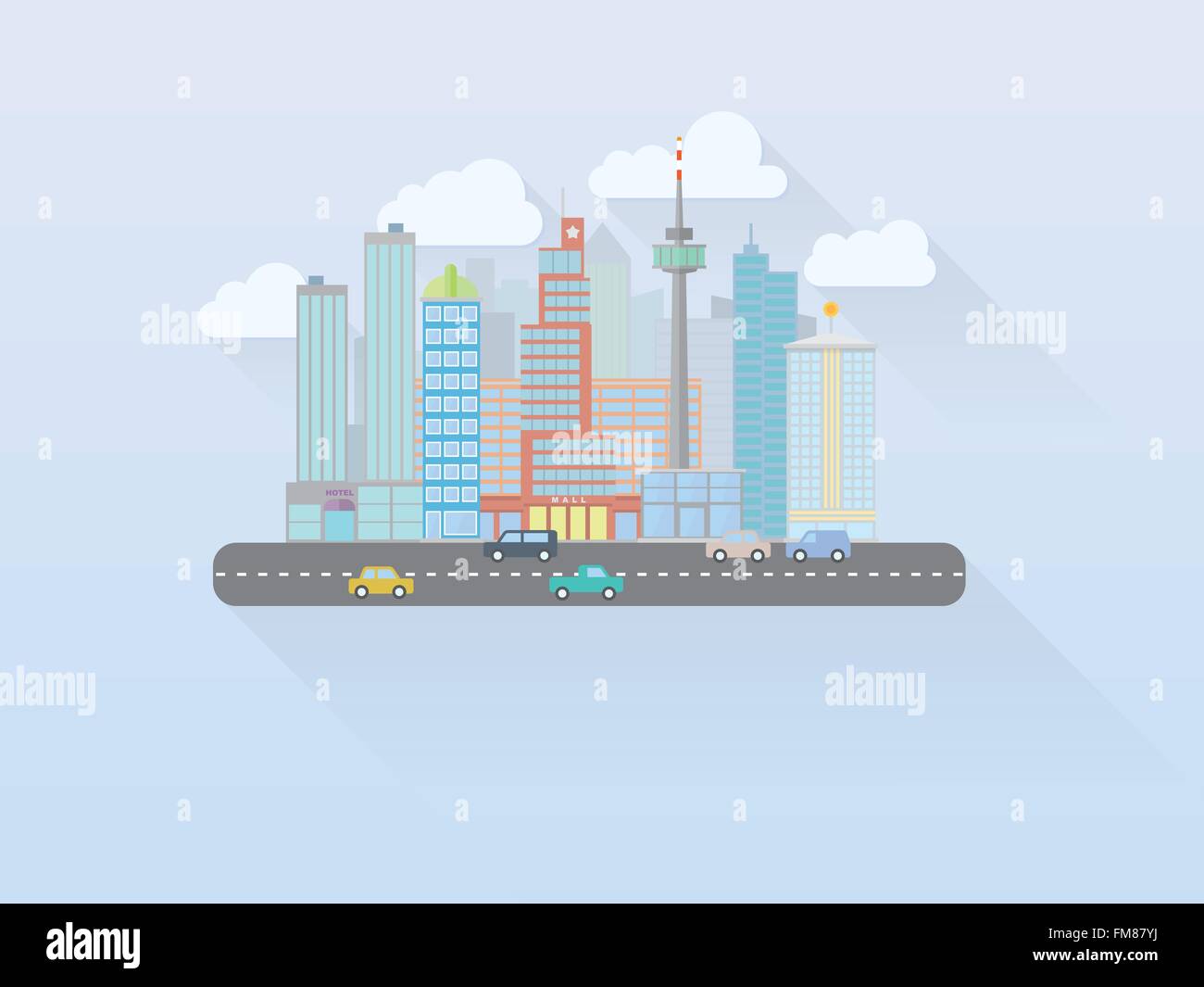 Megacity cityscape con main street, design piatto, lunga ombra Illustrazione Vettoriale
